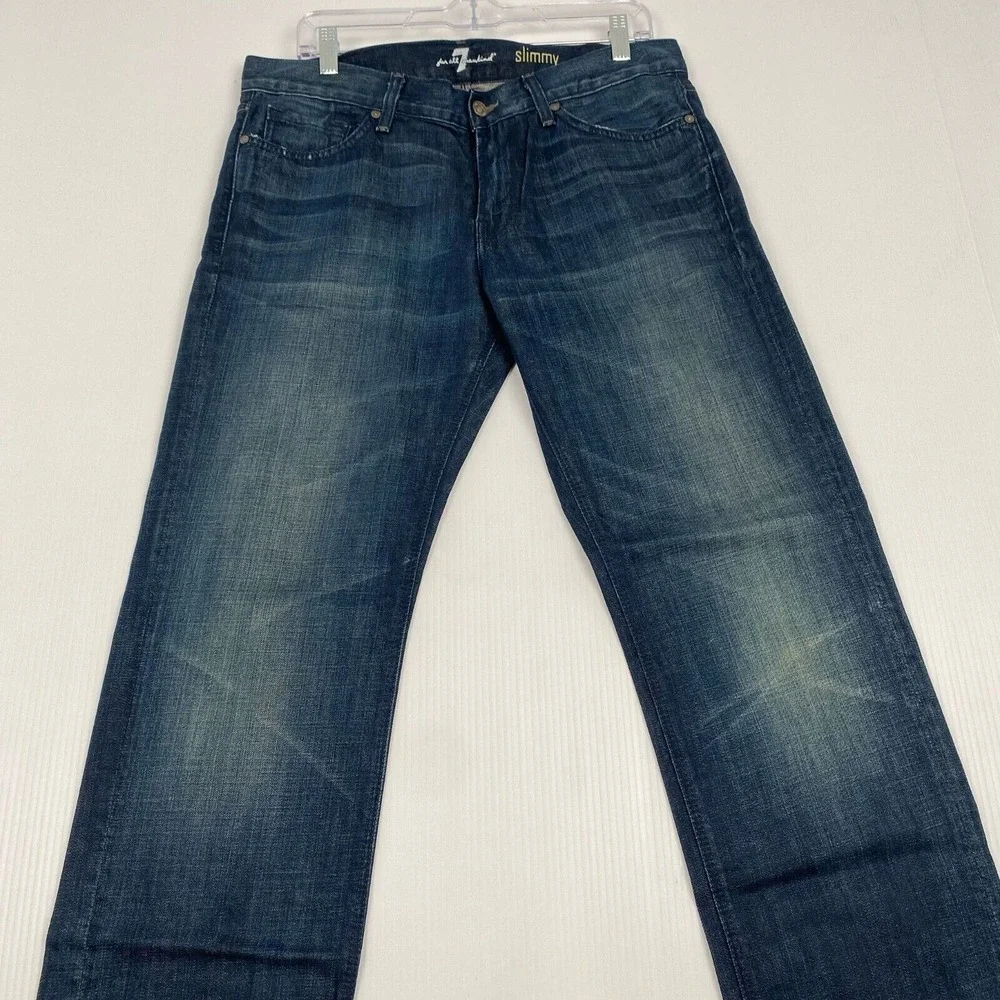 7 For All Mankind Men's Blue Skinny Jeans Size 33 Blue 100% Cotton with Pockets.
